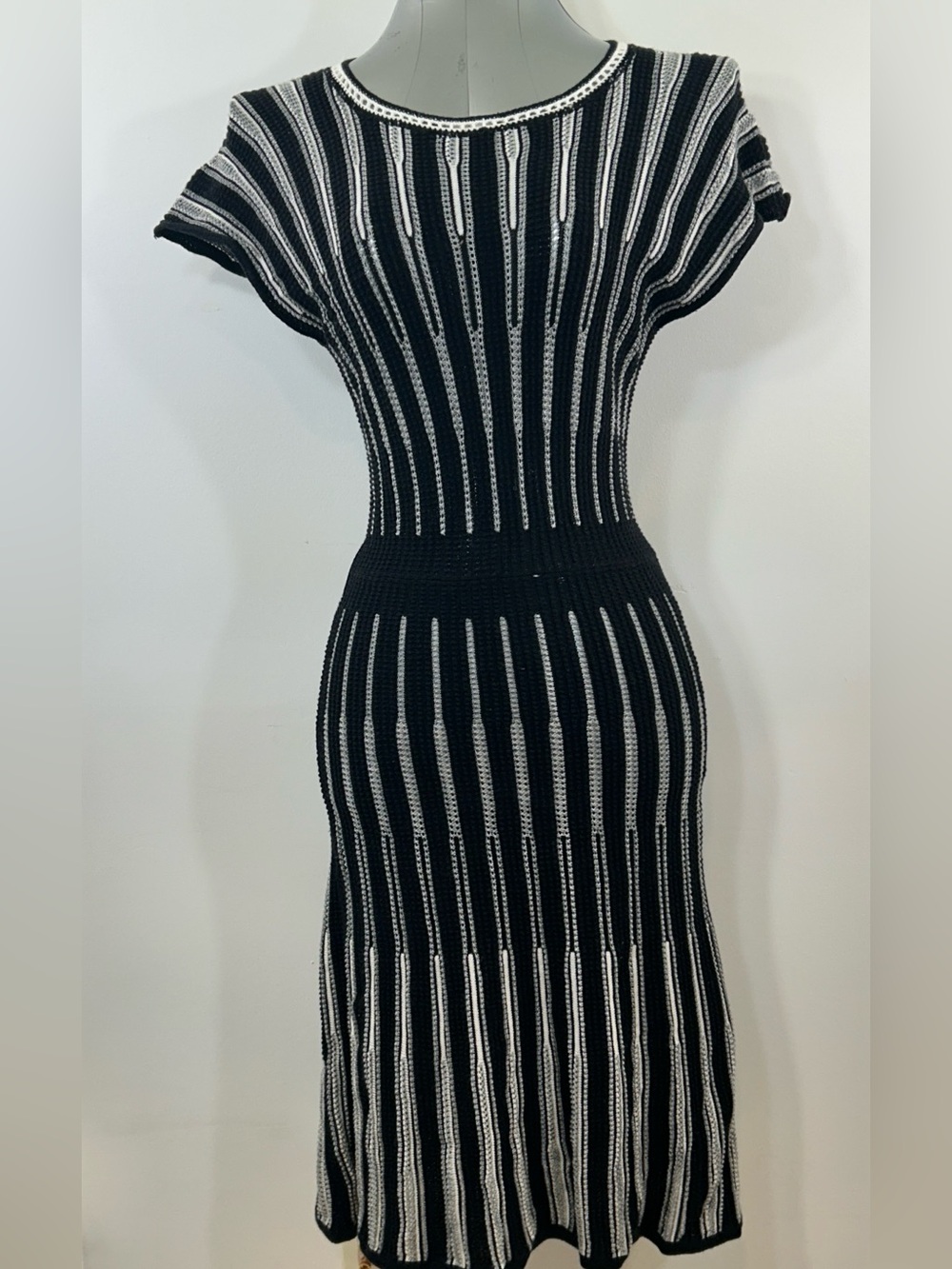 French Connection Black and White Striped Knit Midi Dress